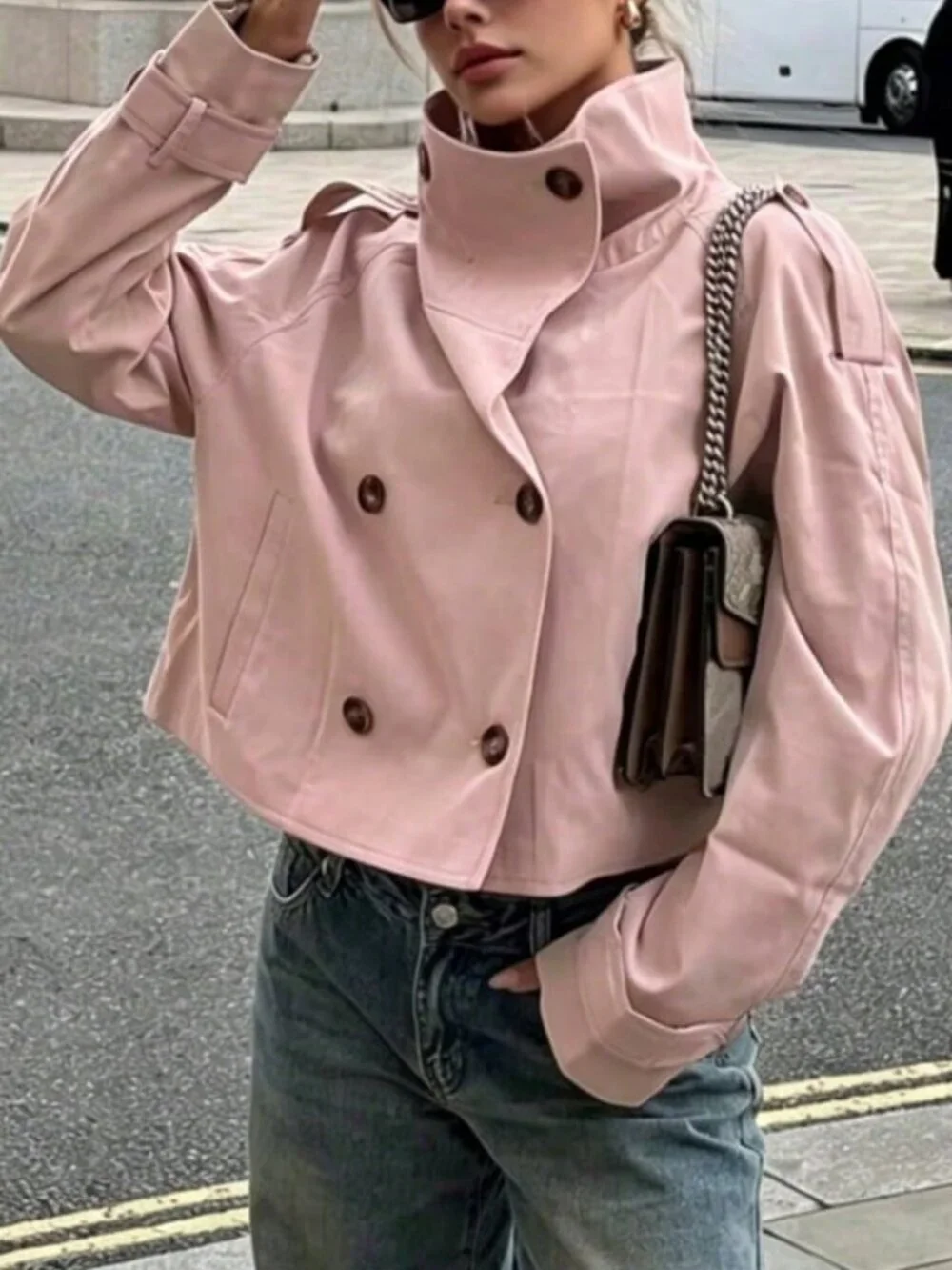 Pink Casual Women's Double-Breasted Long Sleeve Jacket